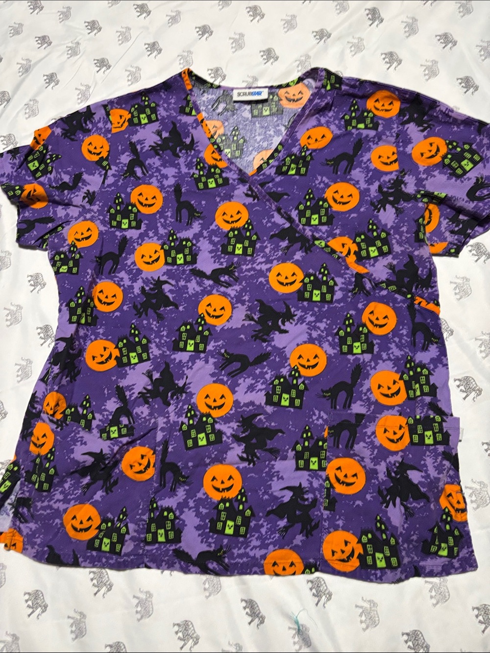 Scrubstar Purple Halloween V-Neck Scrub Top with Orange Pumpkins